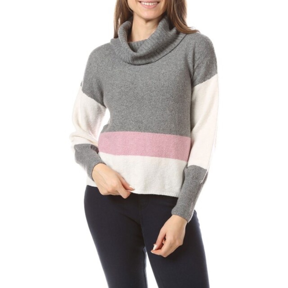 NWT Olive + Oak Cowl Turtle Neck Color Block Sweater Mauve Gray White Comfy Cozy